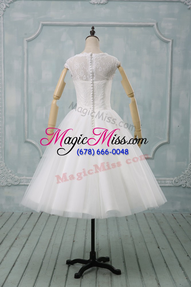 wholesale white short sleeves tea length lace and sashes ribbons clasp handle wedding dress