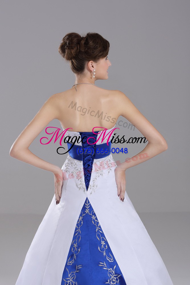 wholesale white strapless lace up beading and embroidery bridal gown brush train sleeveless