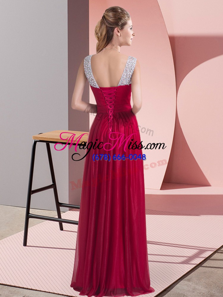 wholesale best selling purple chiffon lace up bridesmaid dress sleeveless floor length beading