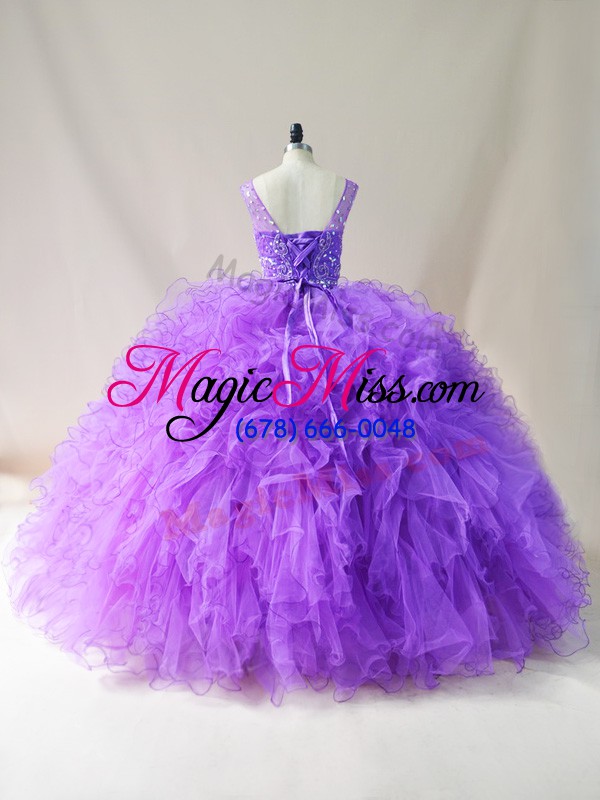 wholesale suitable purple tulle lace up sweet 16 dresses sleeveless floor length beading and ruffles