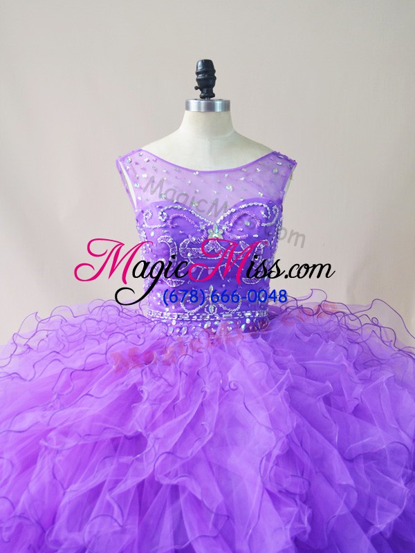 wholesale suitable purple tulle lace up sweet 16 dresses sleeveless floor length beading and ruffles
