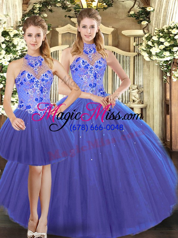 wholesale sumptuous floor length blue 15th birthday dress halter top sleeveless lace up