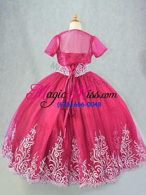 wholesale sleeveless tulle floor length lace up little girl pageant dress in hot pink with beading and embroidery