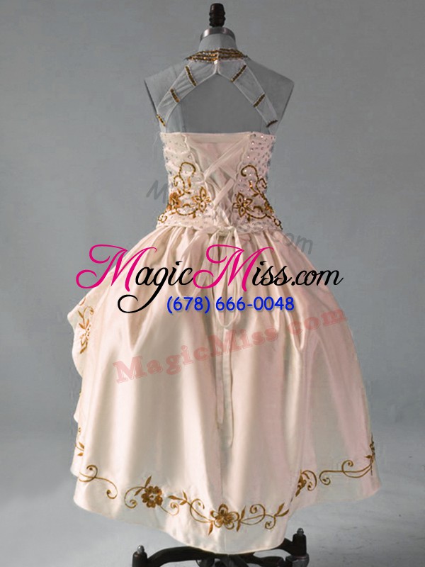 wholesale brown satin and organza lace up military ball gown sleeveless high low embroidery and ruffles