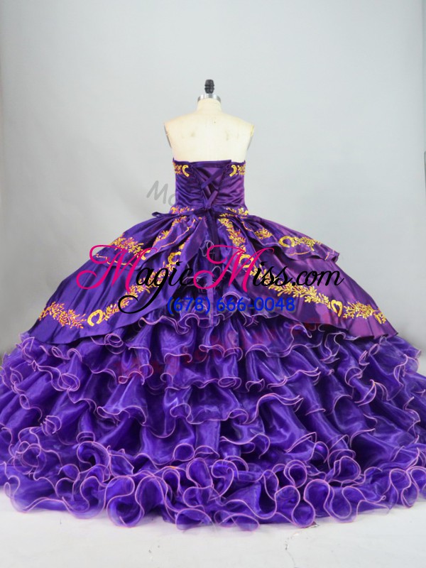wholesale purple lace up sweetheart embroidery and ruffled layers sweet 16 quinceanera dress satin and organza sleeveless brush train