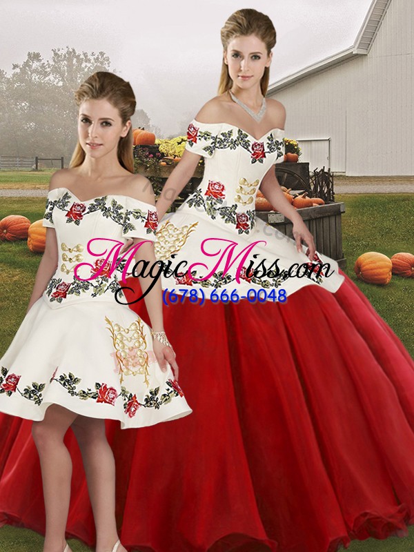 wholesale floor length white and red quinceanera dresses off the shoulder sleeveless lace up