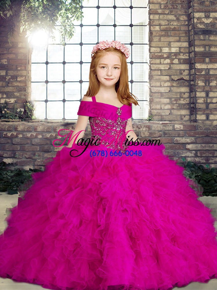 wholesale fuchsia tulle lace up girls pageant dresses sleeveless floor length beading and ruffles