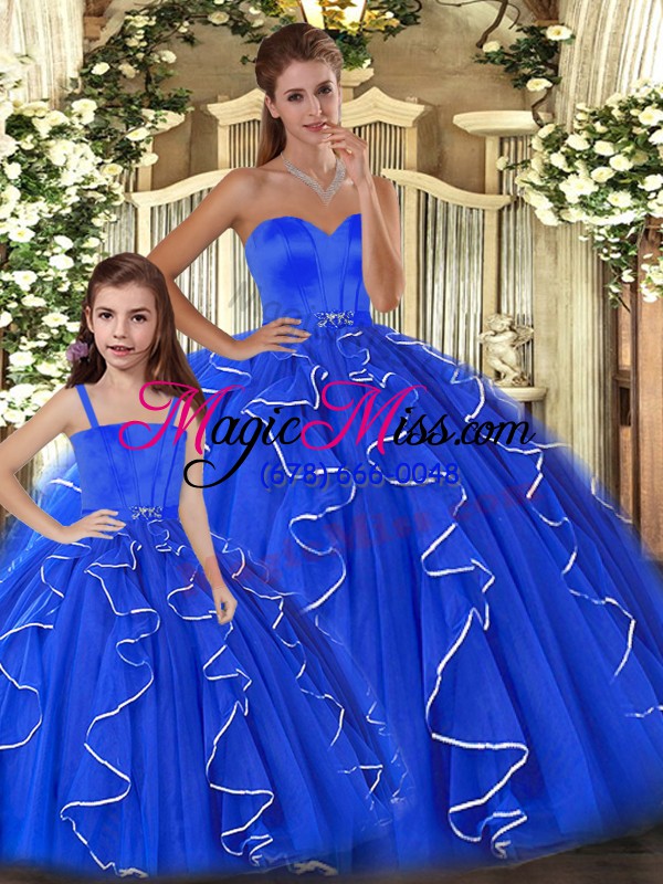 wholesale popular tulle sweetheart sleeveless lace up beading and ruffles vestidos de quinceanera in blue