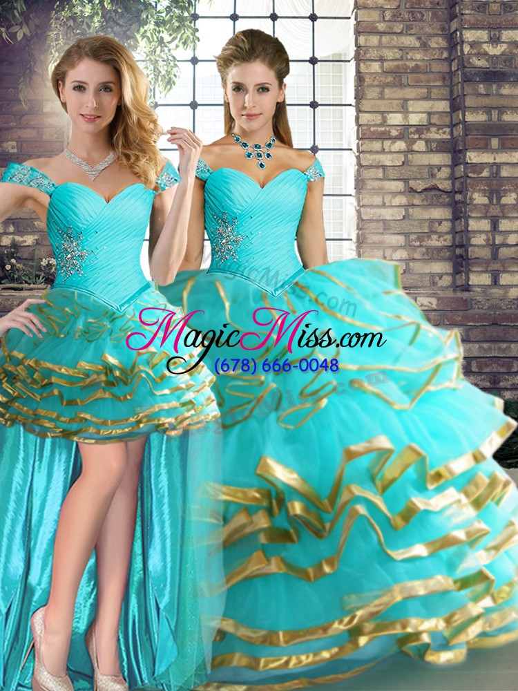 wholesale colorful three pieces quinceanera gowns aqua blue off the shoulder tulle sleeveless floor length lace up