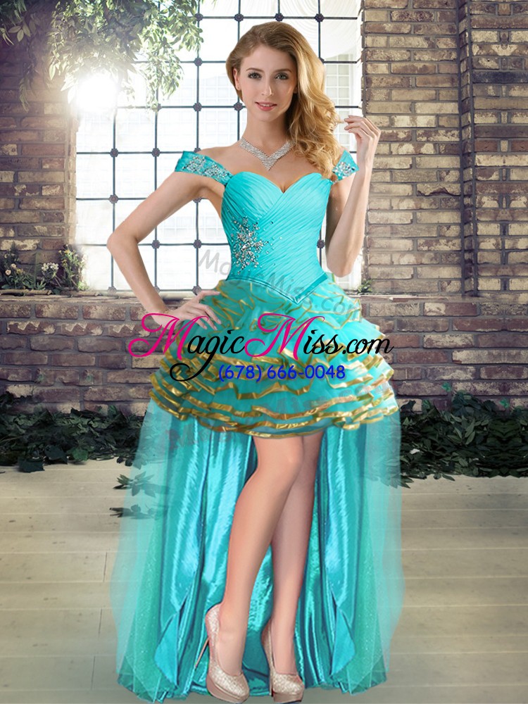 wholesale colorful three pieces quinceanera gowns aqua blue off the shoulder tulle sleeveless floor length lace up