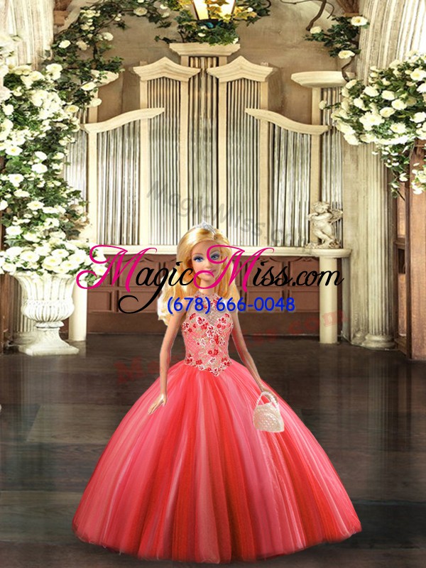 wholesale romantic coral red lace up halter top embroidery quinceanera gowns tulle sleeveless