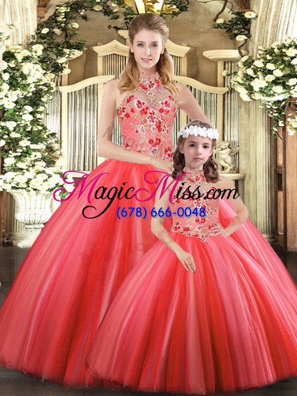 wholesale romantic coral red lace up halter top embroidery quinceanera gowns tulle sleeveless