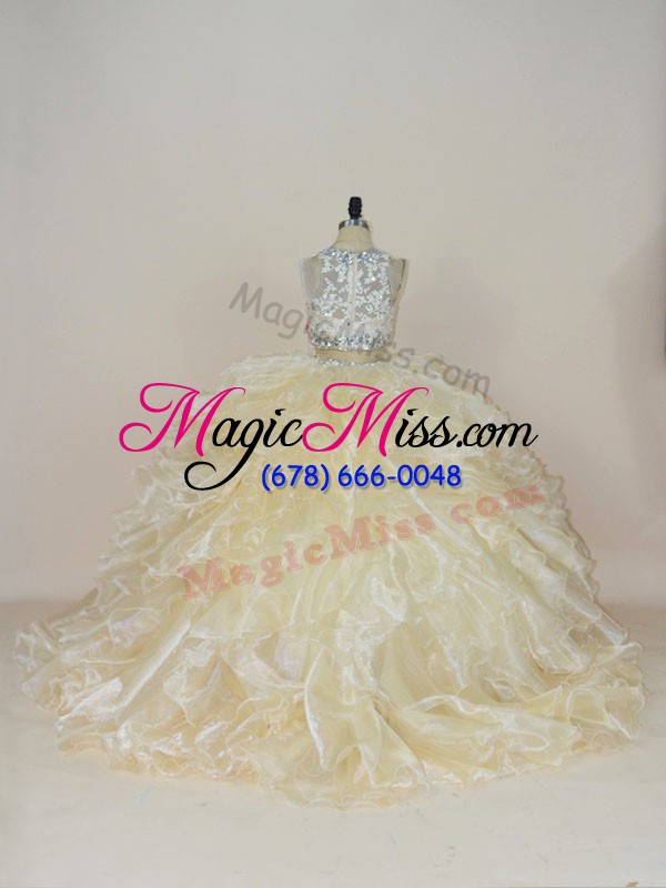 wholesale champagne organza zipper quinceanera gowns sleeveless brush train beading and lace
