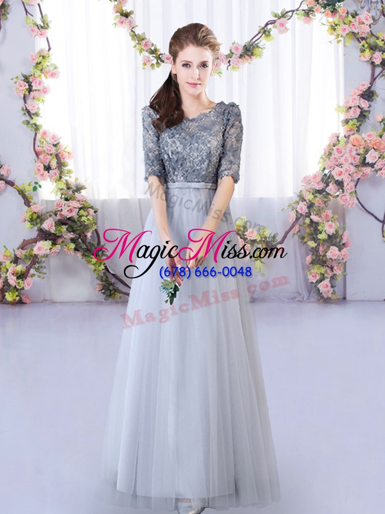 wholesale hot sale grey empire tulle scoop half sleeves appliques floor length lace up bridesmaids dress
