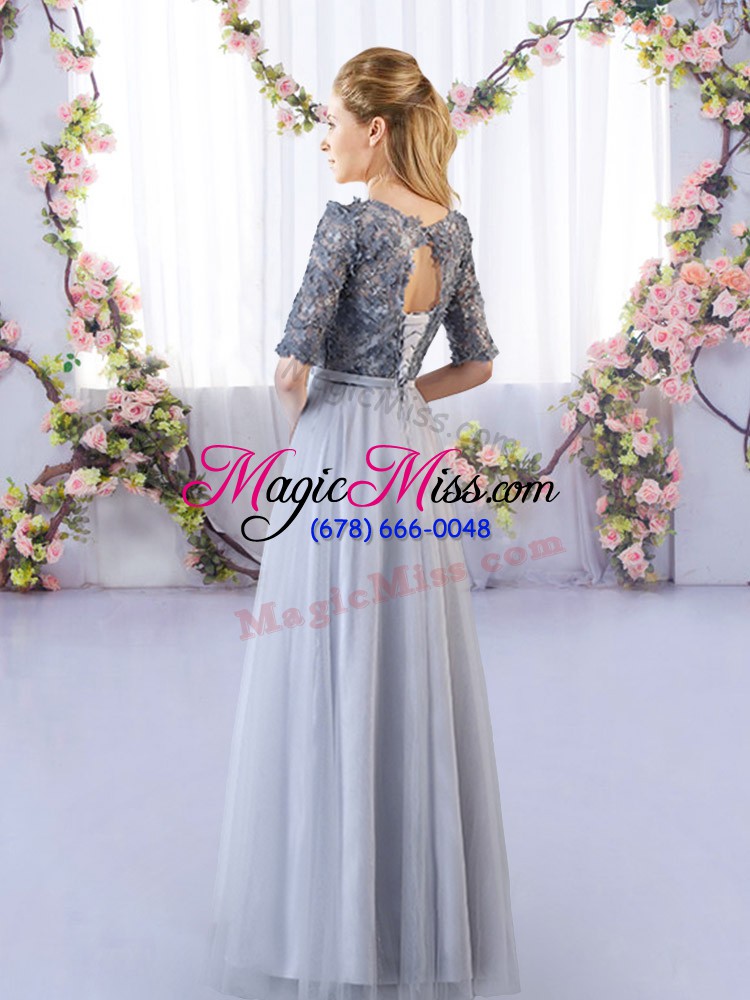 wholesale hot sale grey empire tulle scoop half sleeves appliques floor length lace up bridesmaids dress