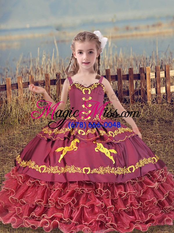 wholesale eye-catching wine red straps neckline beading and embroidery and ruffled layers little girls pageant dress wholesale sleeveless lace up