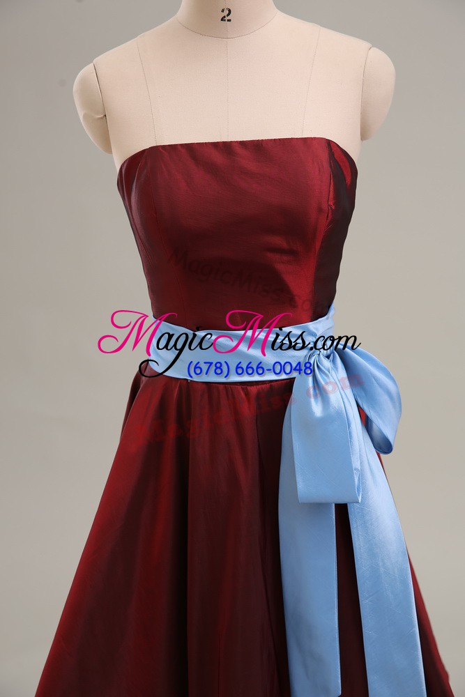 wholesale modest wine red strapless zipper sashes ribbons military ball gown sleeveless