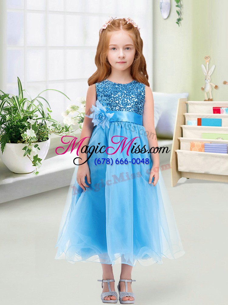 wholesale baby blue empire scoop sleeveless organza tea length zipper sequins and hand made flower toddler flower girl dress