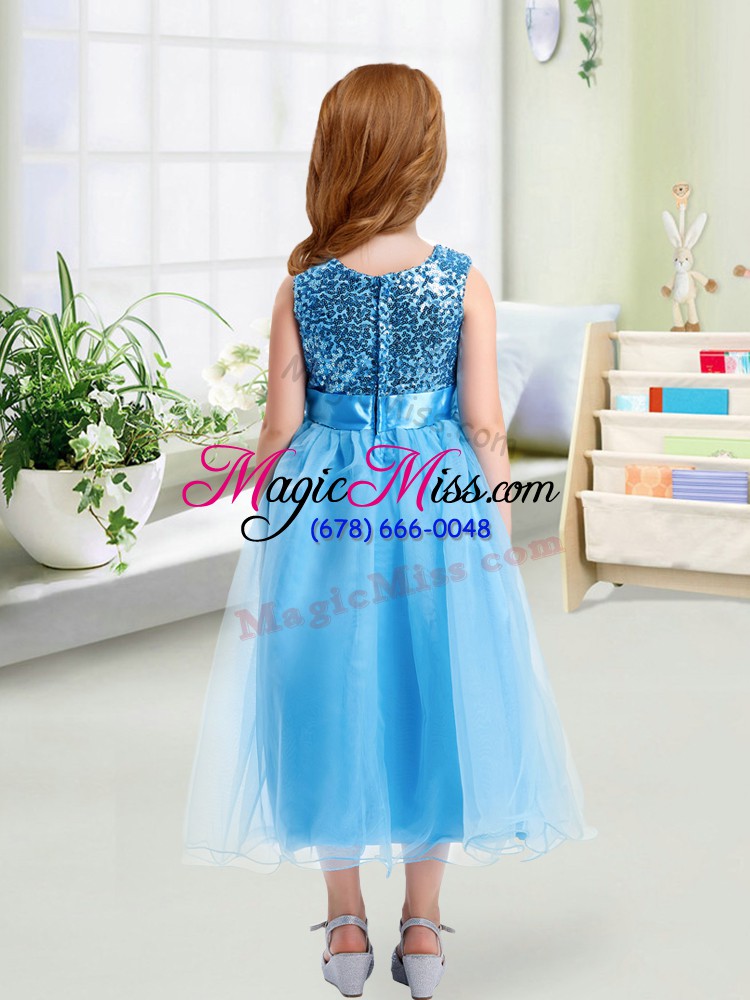 wholesale baby blue empire scoop sleeveless organza tea length zipper sequins and hand made flower toddler flower girl dress
