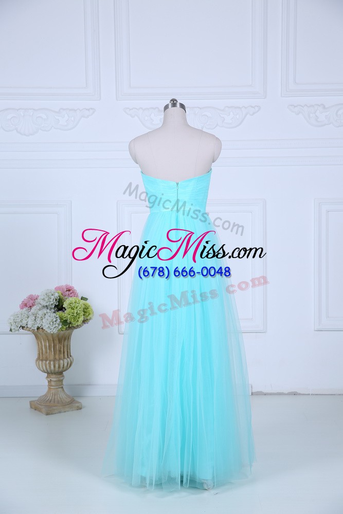 wholesale adorable aqua blue zipper bridesmaid gown ruching sleeveless floor length