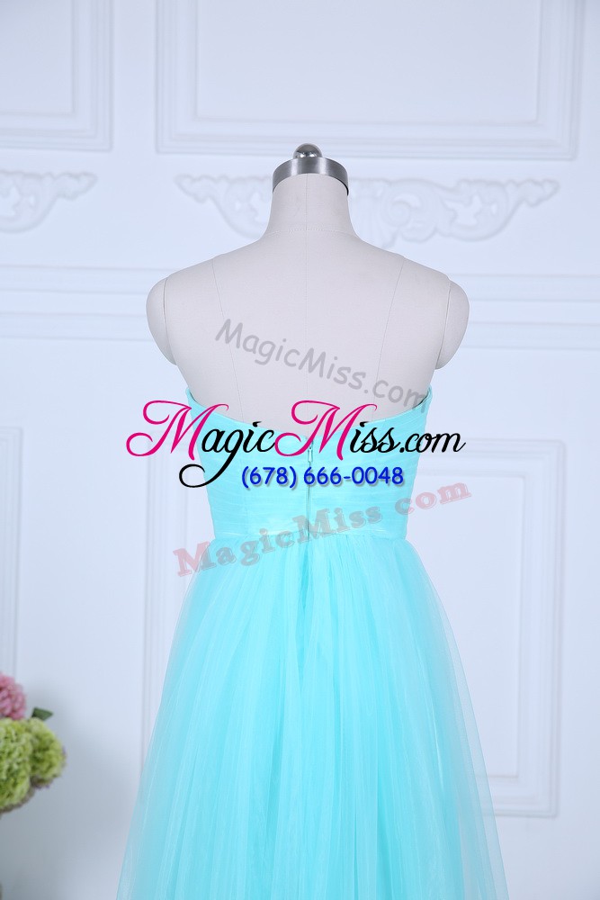 wholesale adorable aqua blue zipper bridesmaid gown ruching sleeveless floor length