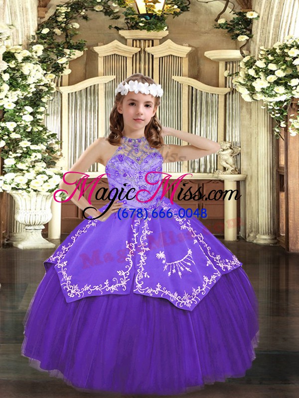 wholesale floor length lace up kids pageant dress purple for party and wedding party with beading and embroidery