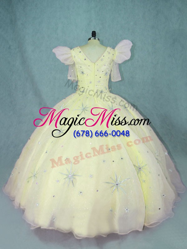 wholesale affordable yellow zipper ball gown prom dress beading short sleeves floor length