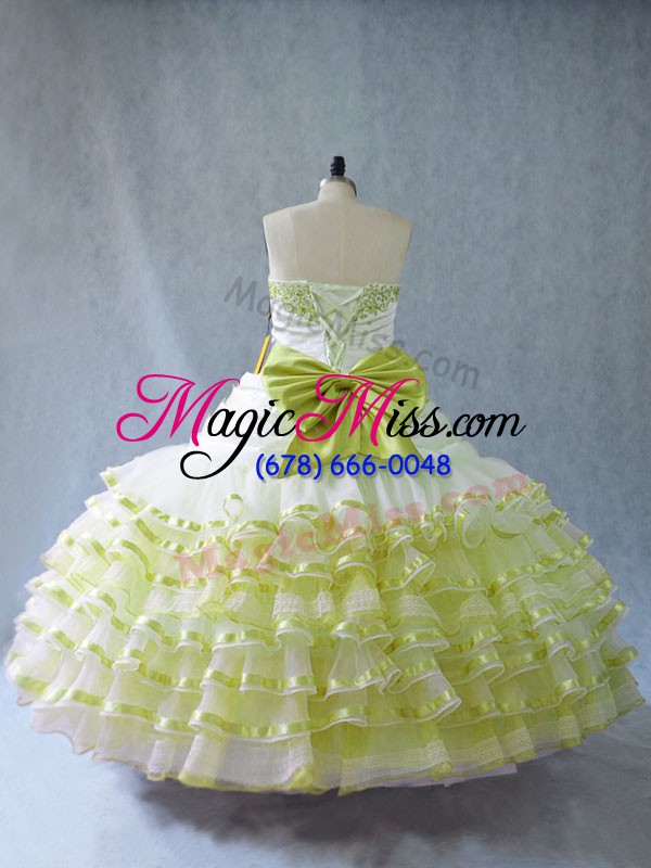 wholesale sleeveless organza floor length quinceanera dresses in yellow green with embroidery and ruffled layers