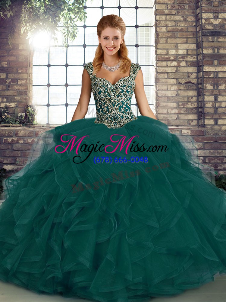 wholesale ideal peacock green sleeveless tulle lace up quinceanera dresses for military ball and sweet 16 and quinceanera