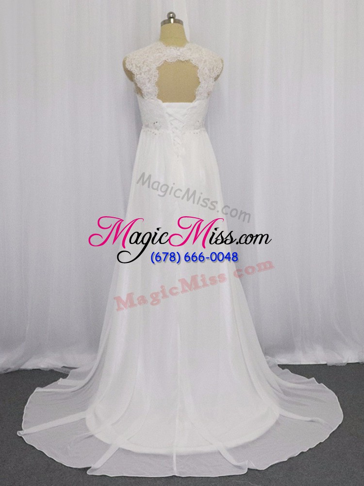 wholesale brush train empire wedding gown white straps chiffon sleeveless lace up