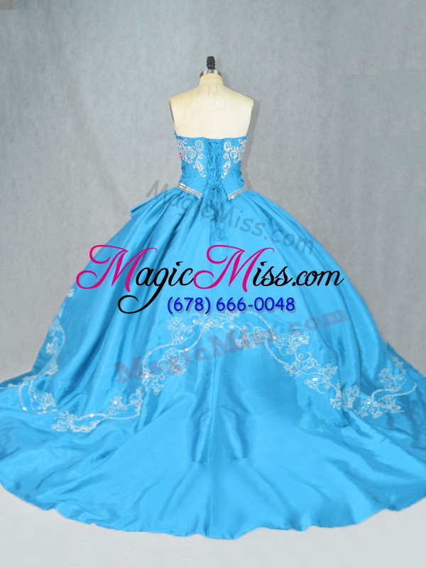 wholesale sleeveless satin and tulle court train lace up 15th birthday dress in baby blue with embroidery