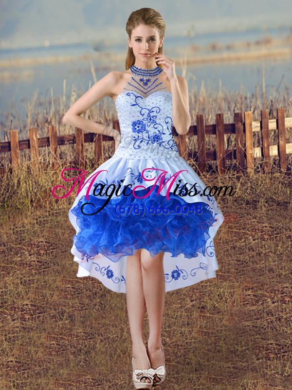 wholesale sleeveless lace up embroidery and ruffles prom party dress