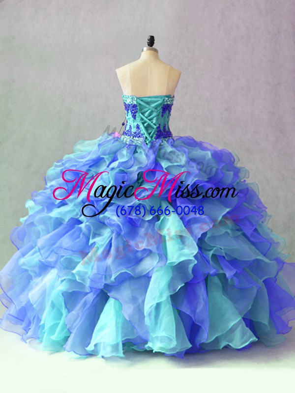 wholesale multi-color ball gowns beading and appliques and ruffles sweet 16 dresses lace up organza sleeveless floor length