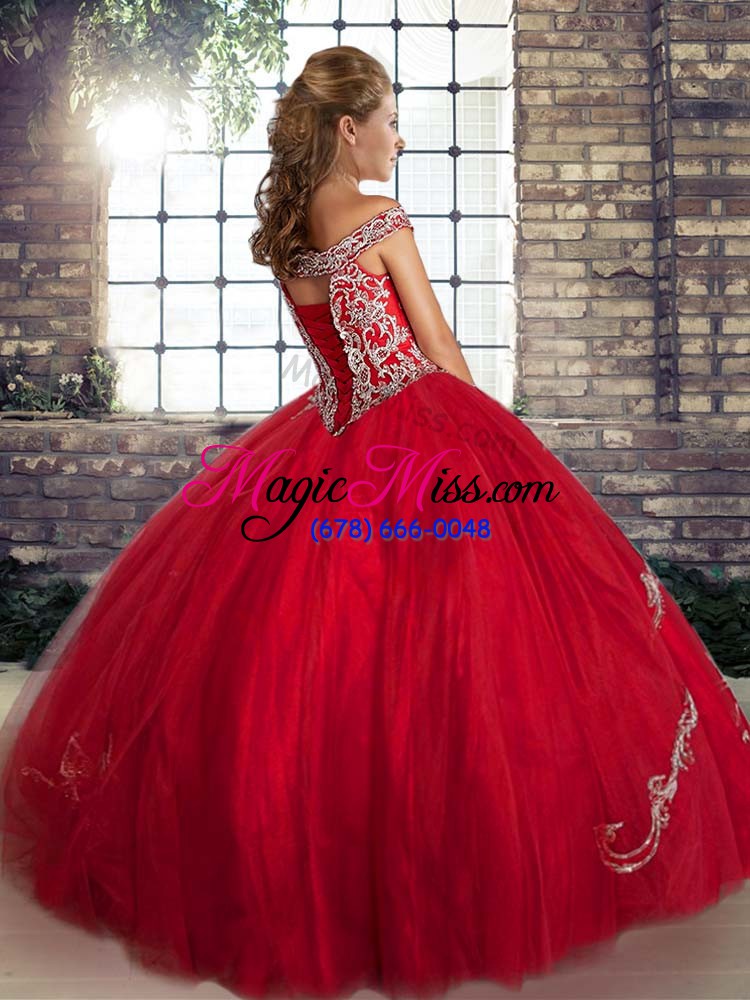 wholesale fuchsia lace up off the shoulder beading and embroidery ball gown prom dress tulle sleeveless