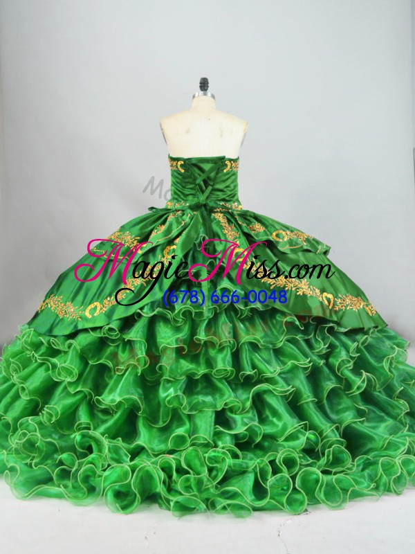 wholesale green ball gowns sweetheart sleeveless satin and organza brush train lace up embroidery and ruffled layers quinceanera gowns