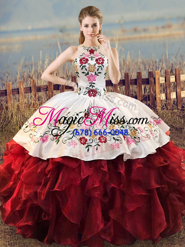 wholesale high quality organza sleeveless floor length quinceanera gown and embroidery and ruffles