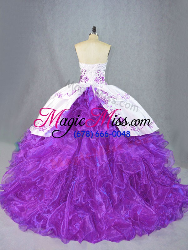 wholesale dynamic organza sweetheart sleeveless brush train lace up beading and ruffles quinceanera dresses in purple