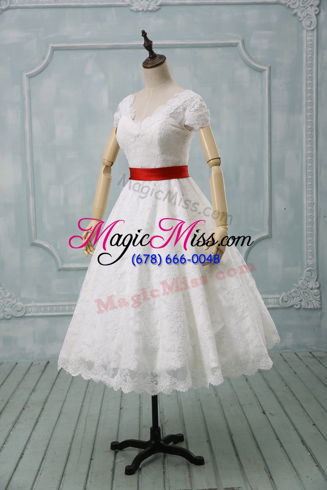 wholesale white v-neck zipper lace and belt wedding dress short sleeves