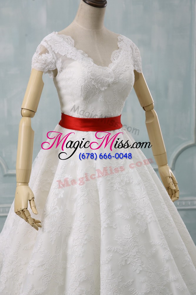 wholesale white v-neck zipper lace and belt wedding dress short sleeves