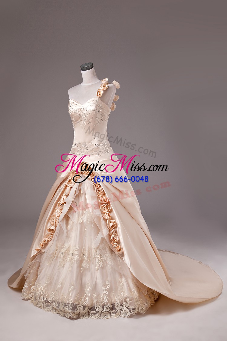 wholesale dazzling one shoulder sleeveless brush train lace up quinceanera dresses champagne satin