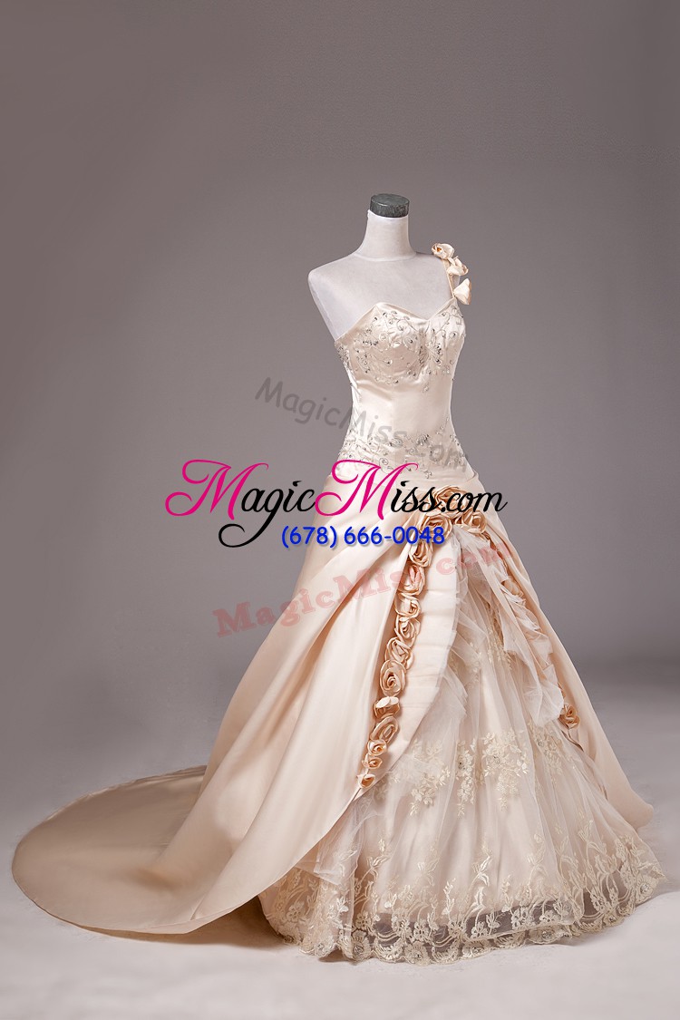 wholesale dazzling one shoulder sleeveless brush train lace up quinceanera dresses champagne satin