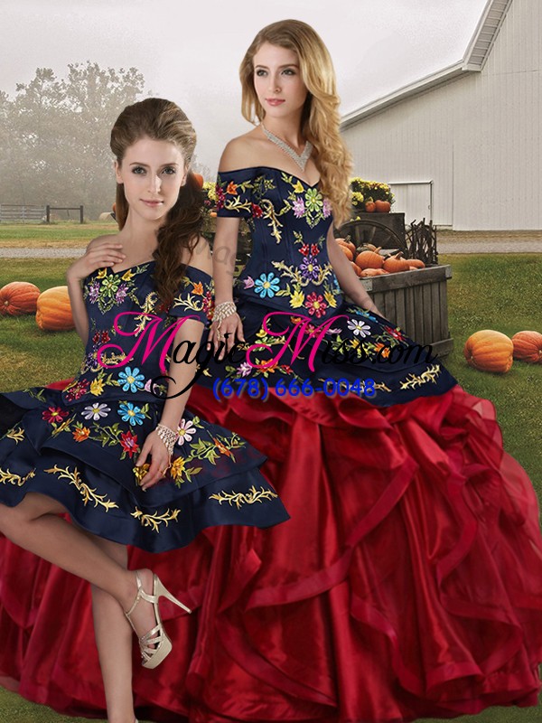 wholesale graceful red and black organza lace up off the shoulder sleeveless floor length quinceanera gown embroidery and ruffles