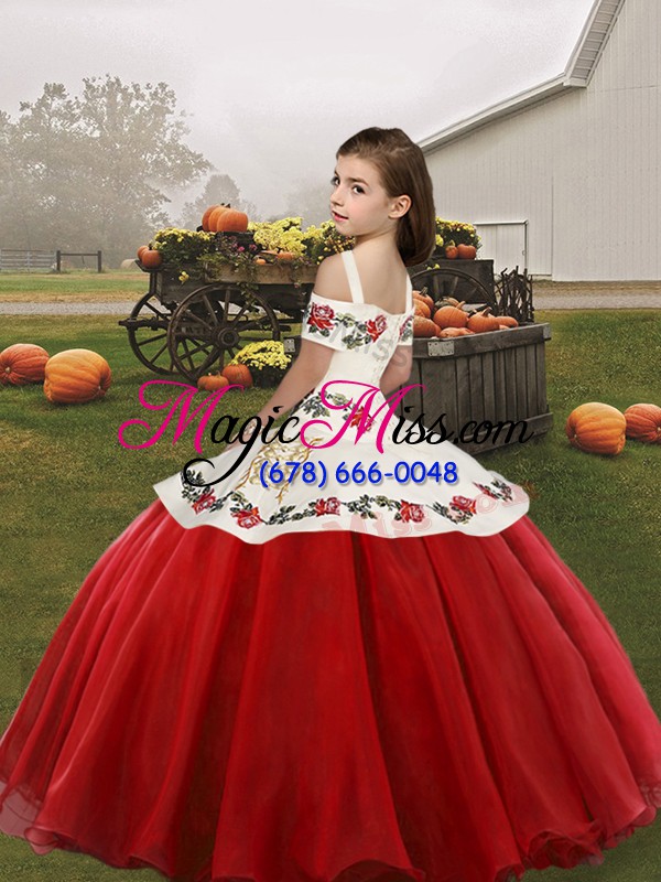 wholesale most popular embroidery kids formal wear coral red lace up sleeveless floor length