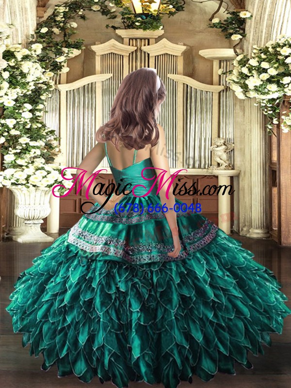 wholesale customized olive green v-neck neckline appliques and ruffles little girls pageant gowns sleeveless zipper