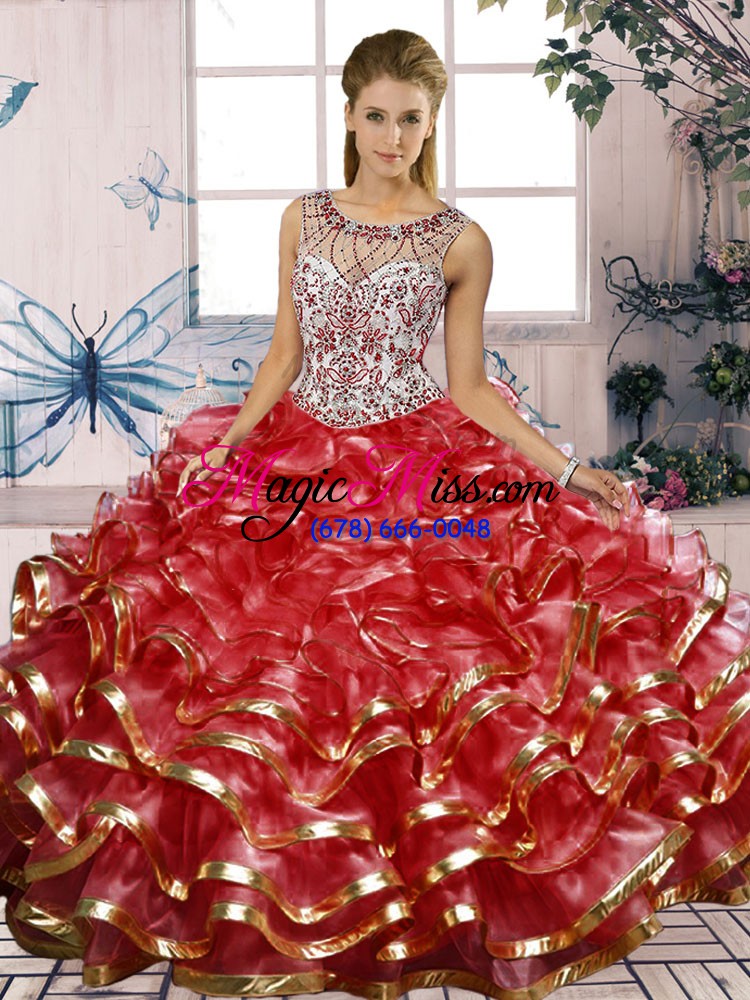 wholesale hot sale scoop sleeveless organza quince ball gowns beading and ruffles lace up