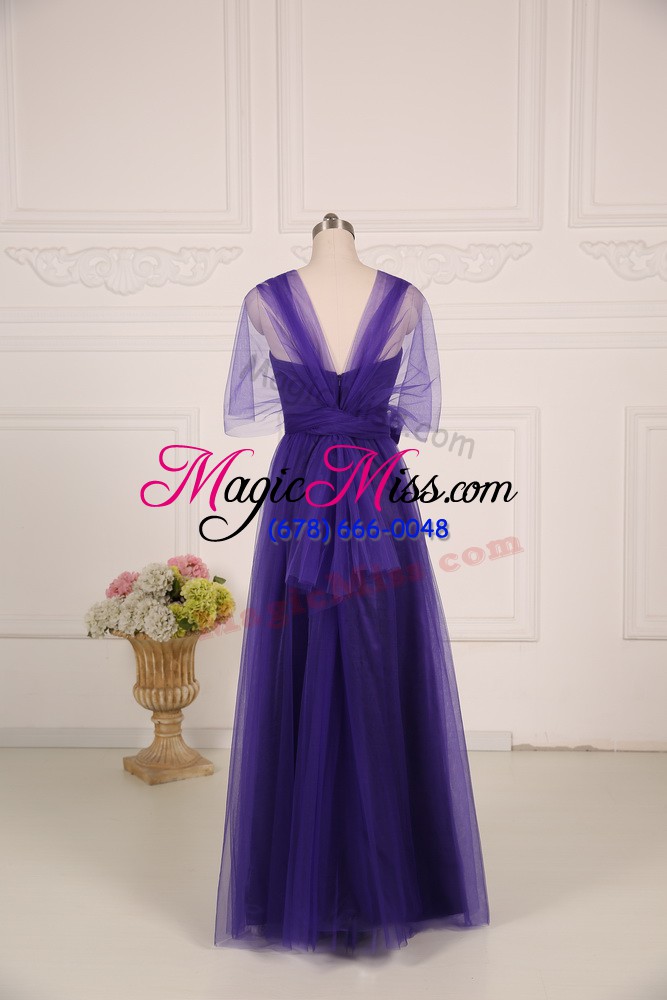 wholesale purple zipper bridesmaids dress ruching sleeveless floor length