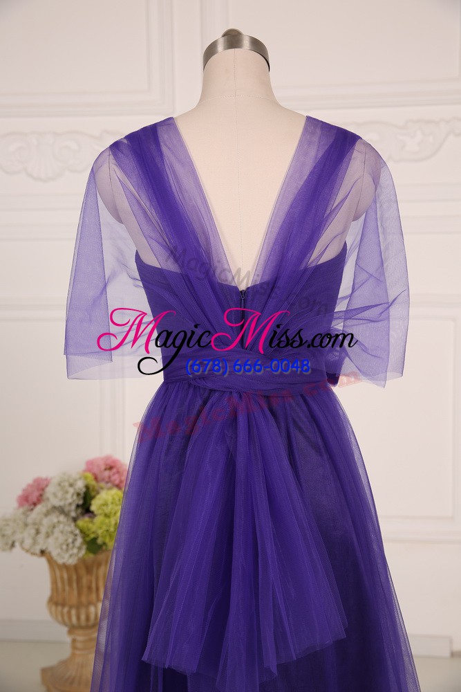 wholesale purple zipper bridesmaids dress ruching sleeveless floor length