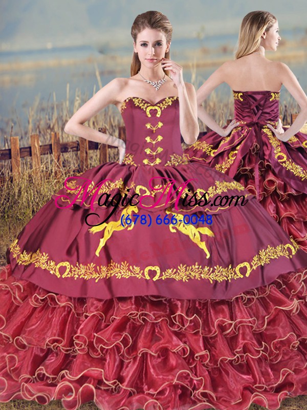 wholesale pretty sweetheart sleeveless quinceanera dresses brush train embroidery and ruffles burgundy satin and organza