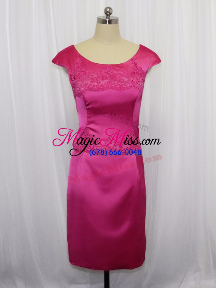 wholesale mini length hot pink mother of the bride dress satin sleeveless lace and appliques
