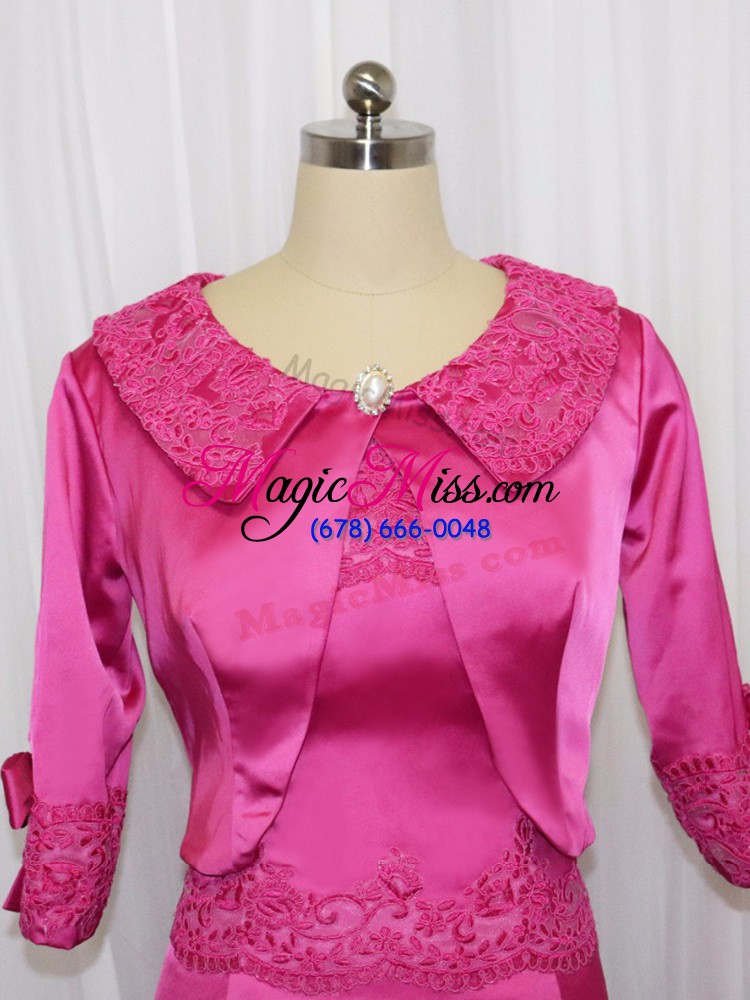 wholesale mini length hot pink mother of the bride dress satin sleeveless lace and appliques